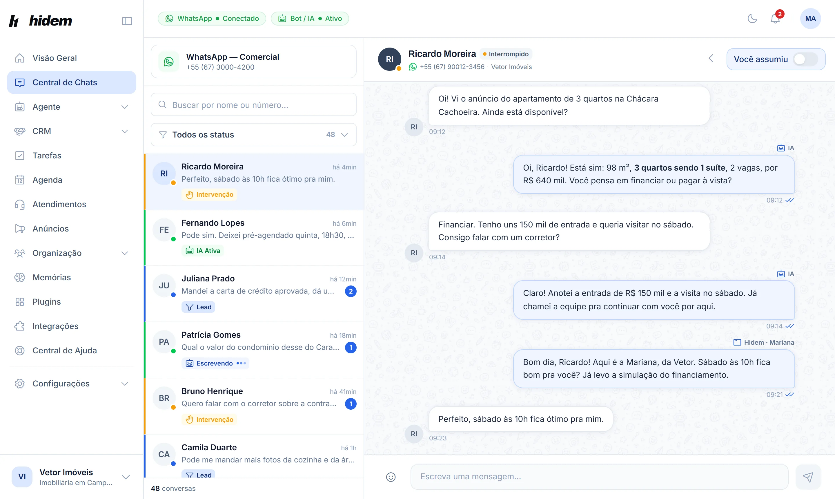 Conversa aberta no painel da Hidem no computador, com a chave Você assumiu e a mensagem da equipe depois das respostas da IA.